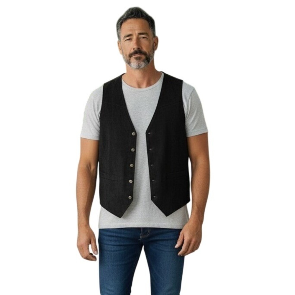 Parttely Vest Men Large Black Faux Suede Western Waistcoat Button Front Cowboy
